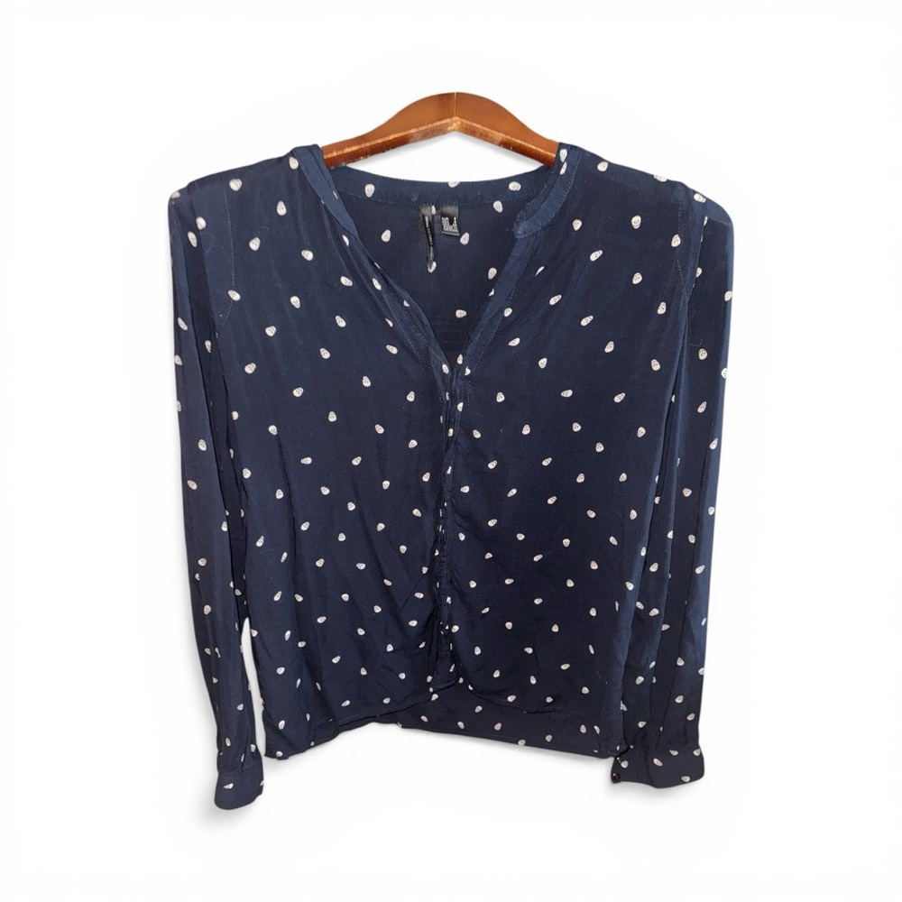 MNG Collection Skull Polka Dotted Button Up Casual V Neck  Blouse Goth Skeleton